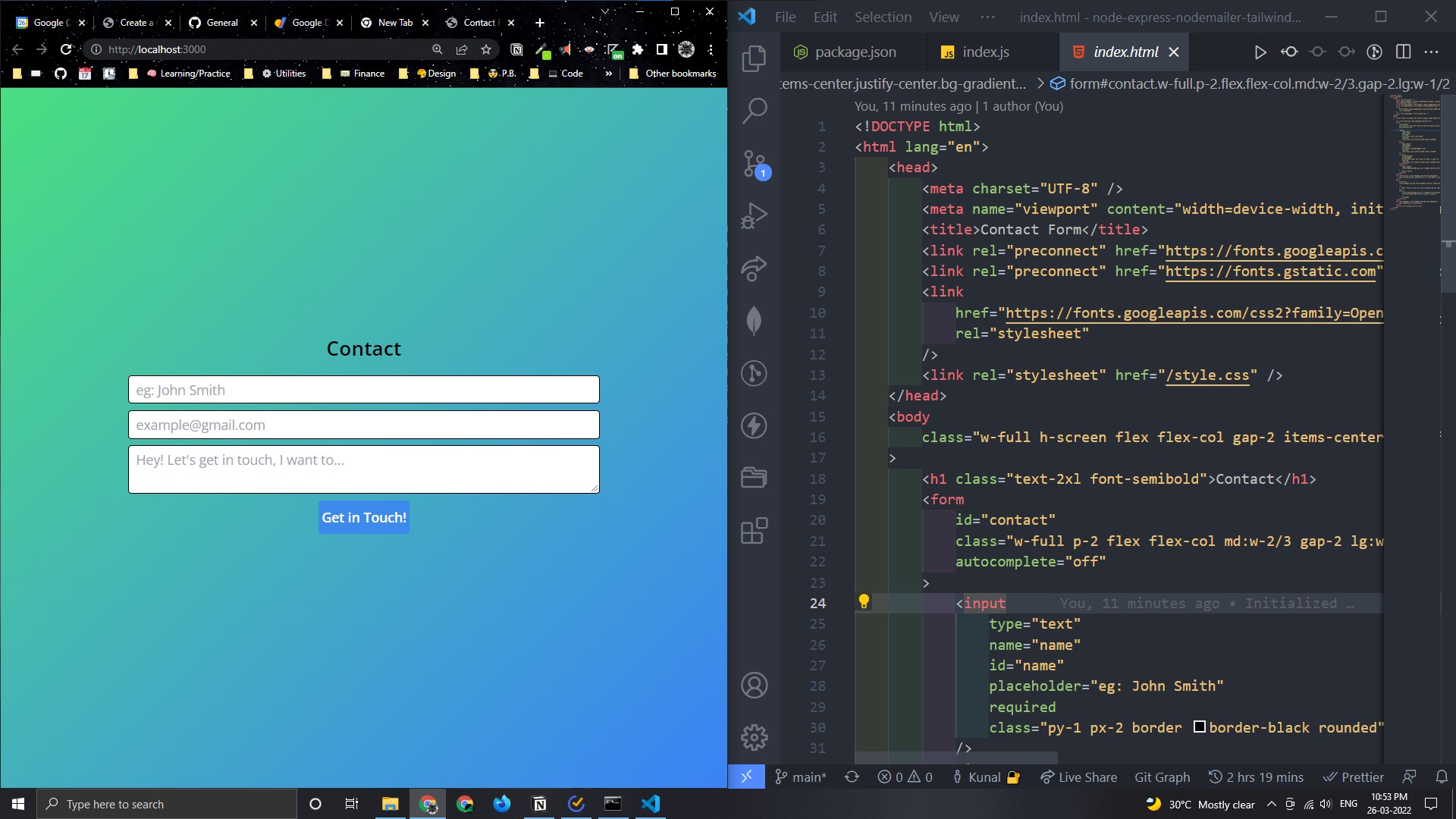 Contact Form website output